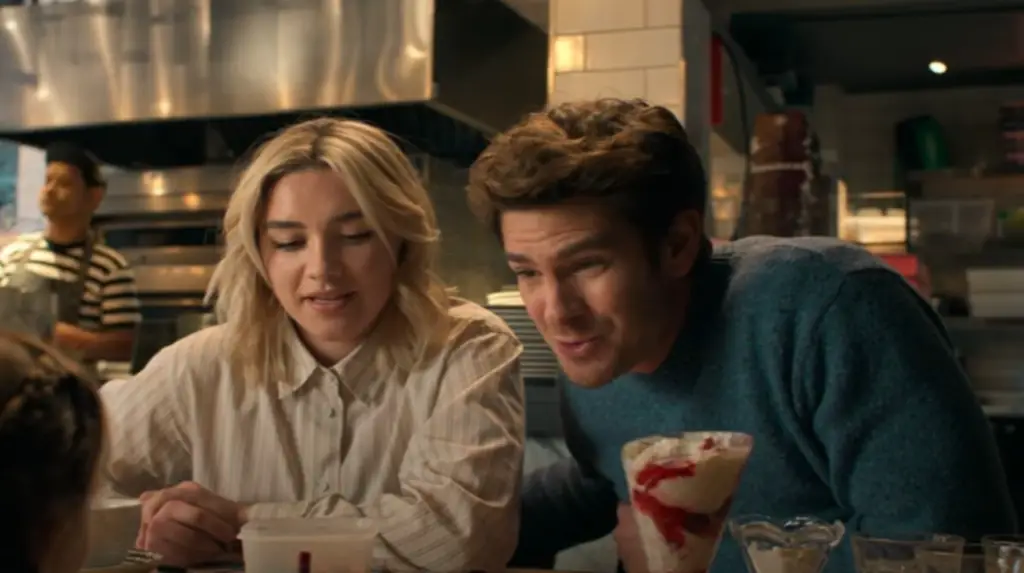 Florence Pugh and Andrew Garfield in We Live In Time (via YouTube/A24)